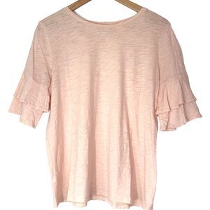 LOFT Vintage Soft Tee Shirt Pale Pink Ruffle Sleeve Scoop Neck Top Womens Medium